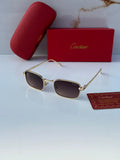Gold rectangular sunglasses with brown gradient lenses - flat lay with Cartier red box and authenticity card