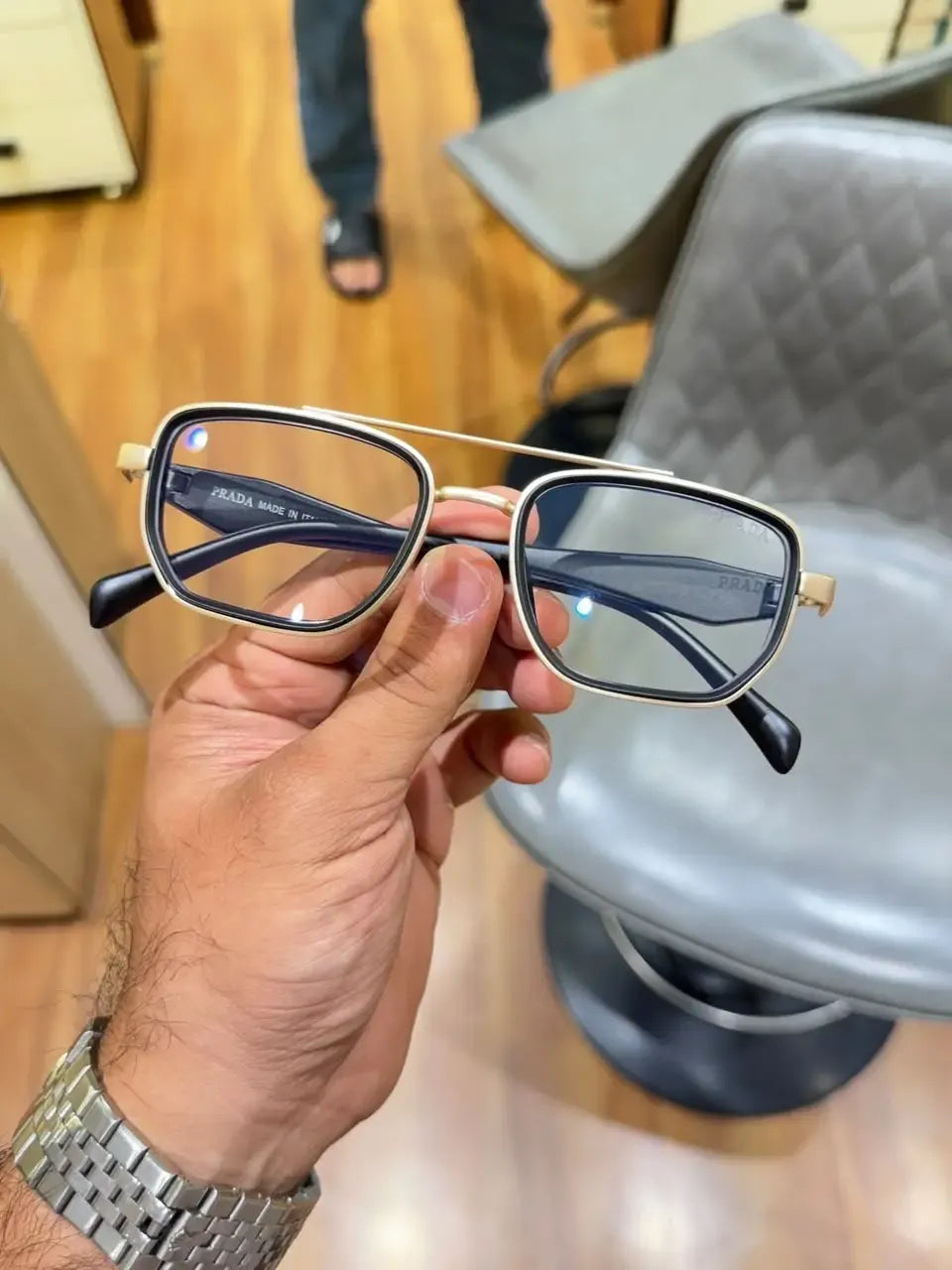 Prada Black Silver Square Eyeglass Frame - Detail View