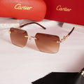 Rimless square gold brown gradient sunglasses - front view with Cartier red case and cleaning cloth