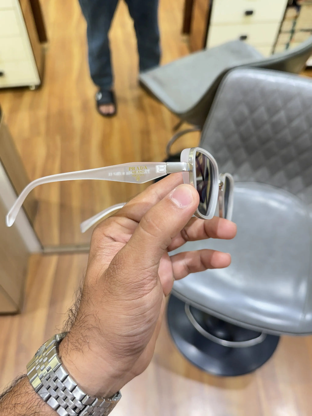 Prada White Frame Sunglasses - Temple Detail View