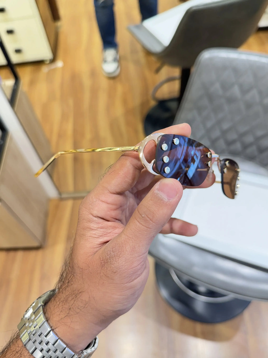 Prada Luxe Rimless Sunglasses Gold Brown - Side Temple View